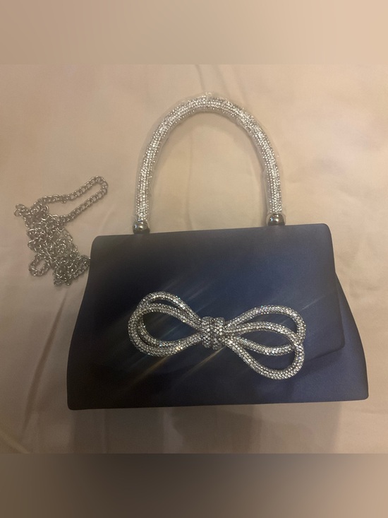 Handbags - Elegant Navy Satin Evening Bag with Crystal Bow Accent